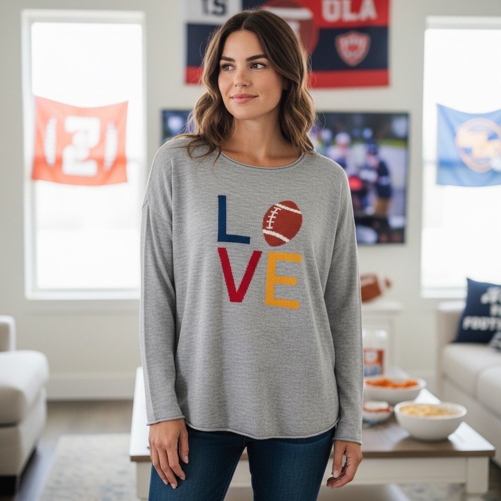 Rachel Zoe Gray Cashmere Blend “Love Football” Knit Sweater